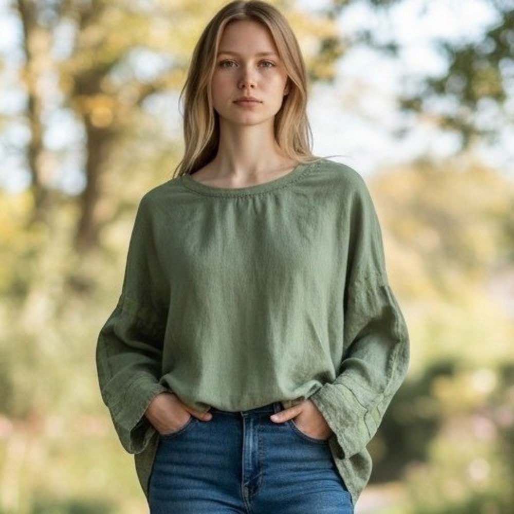FLAX Linen Top Womens XL Green Long Sleeve Relaxed Crew Neck Pullover Blouse